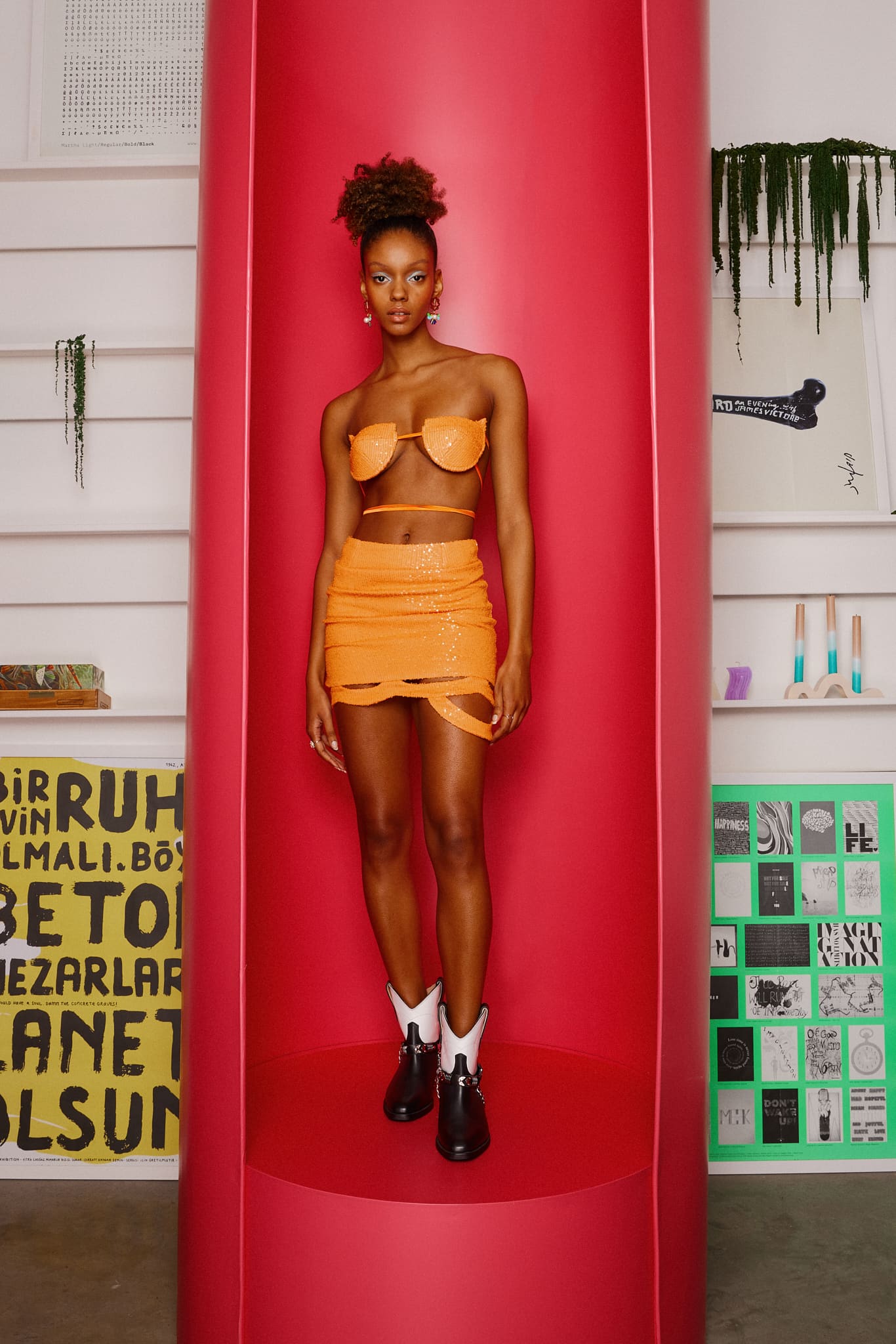 Tangerine sequins and two-tone cowboy boots close Alia Studio's campaign on a high-color note.