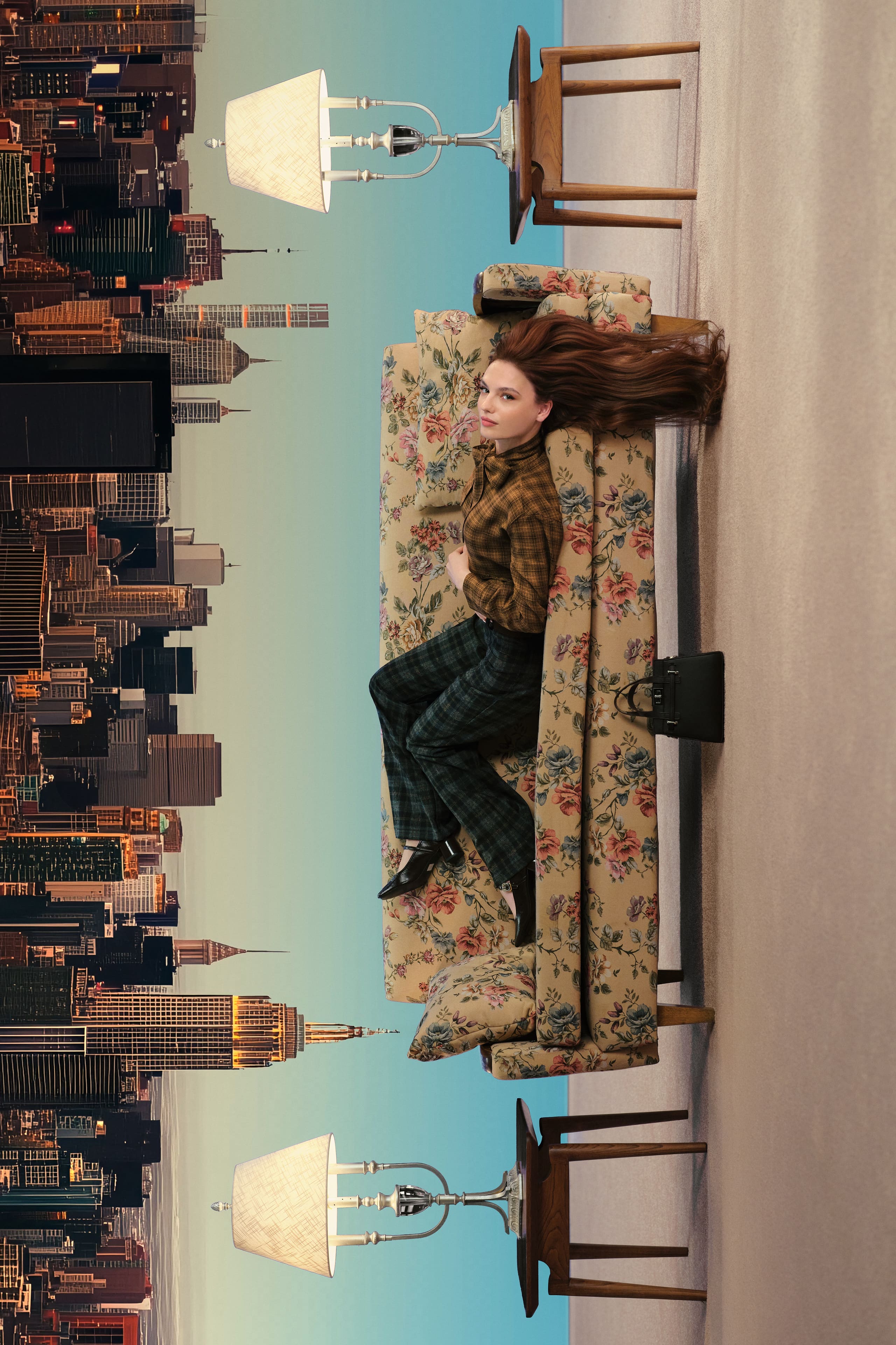 Nilsu Berfin Aktaş reclines on a floral sofa beneath an inverted Manhattan skyline, the frame tipped ninety degrees so the pose reads upright, for LC Waikiki.