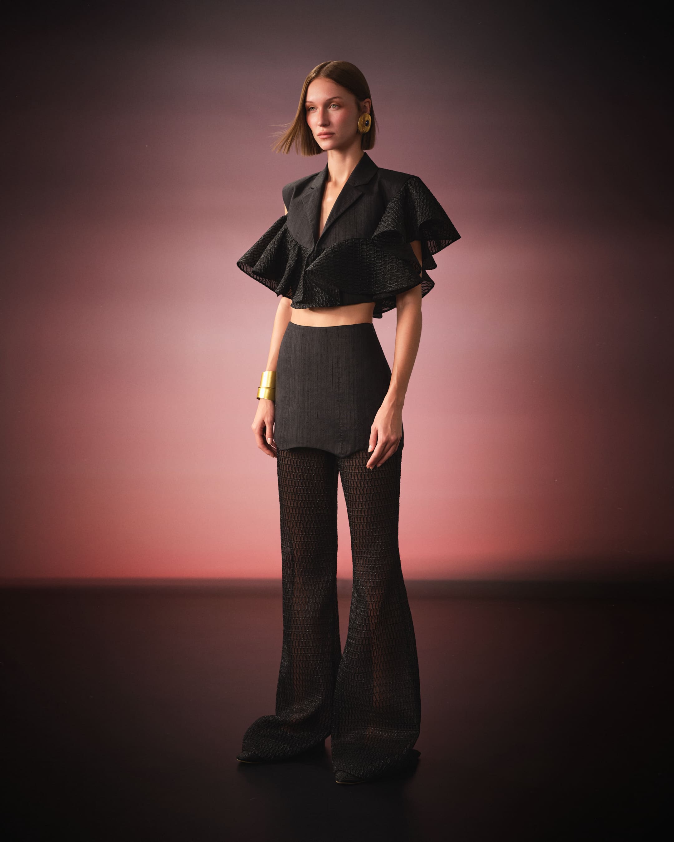The ruffled crop blazer paired with sheer lattice flares in full length for Saint Ones.