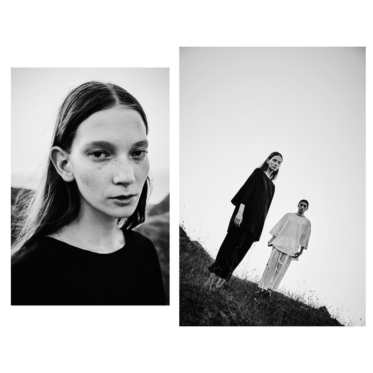 A paired panel sets a freckled close portrait beside the black and white tunics tilting down the hillside for ST Studio.