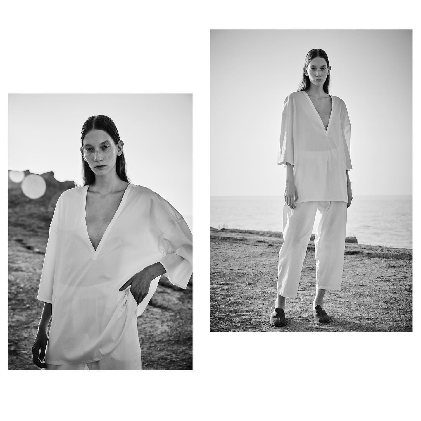A paired study of ST Studio's deep-V white tunic worn on the shoreline at dusk.