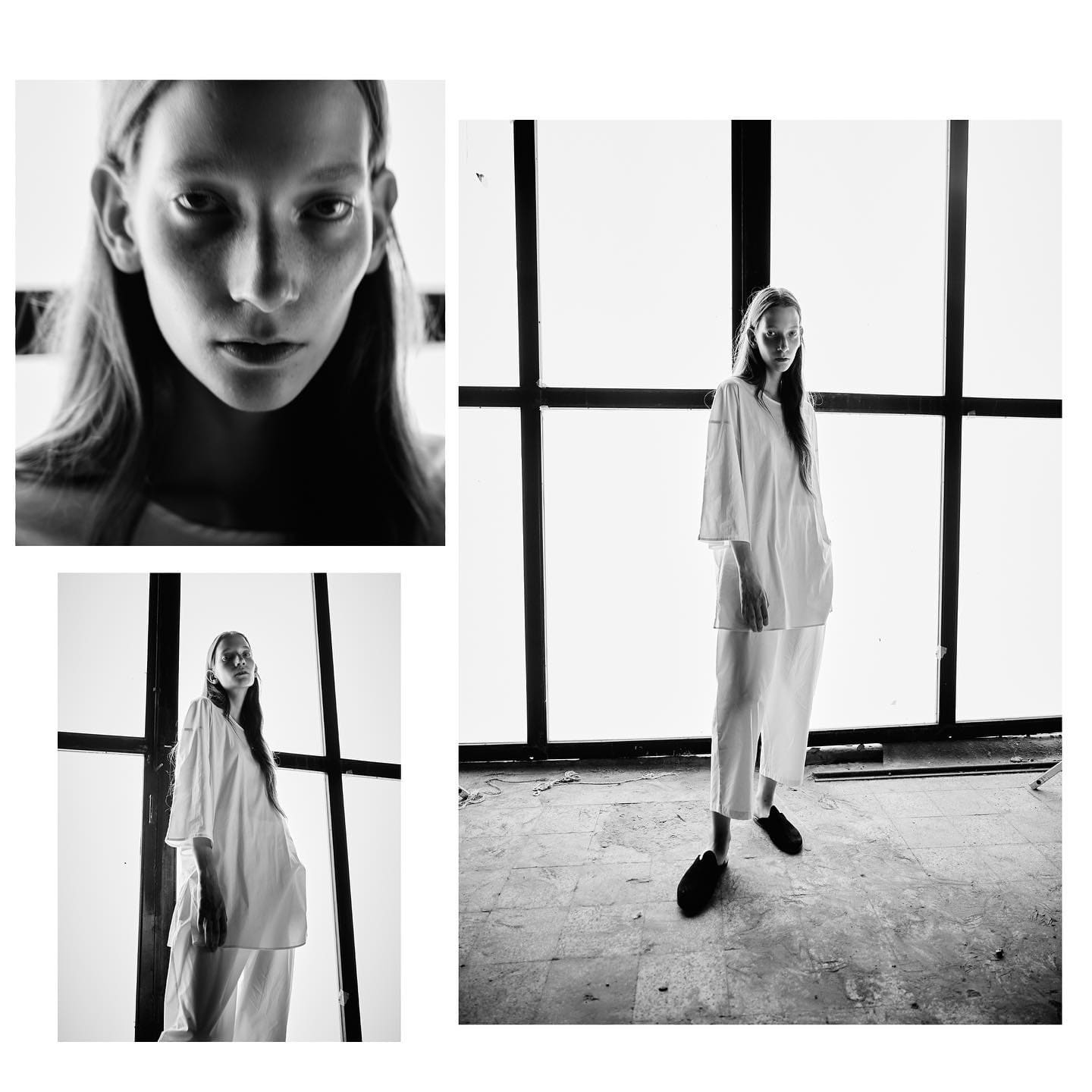 A triptych of backlit portraits and full white looks against factory windows for ST Studio.